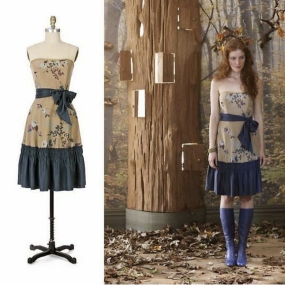 Anthropologie Tabitha Tan/NavyFloral Strapless Dress with Sash Tie - Picture 2 of 8